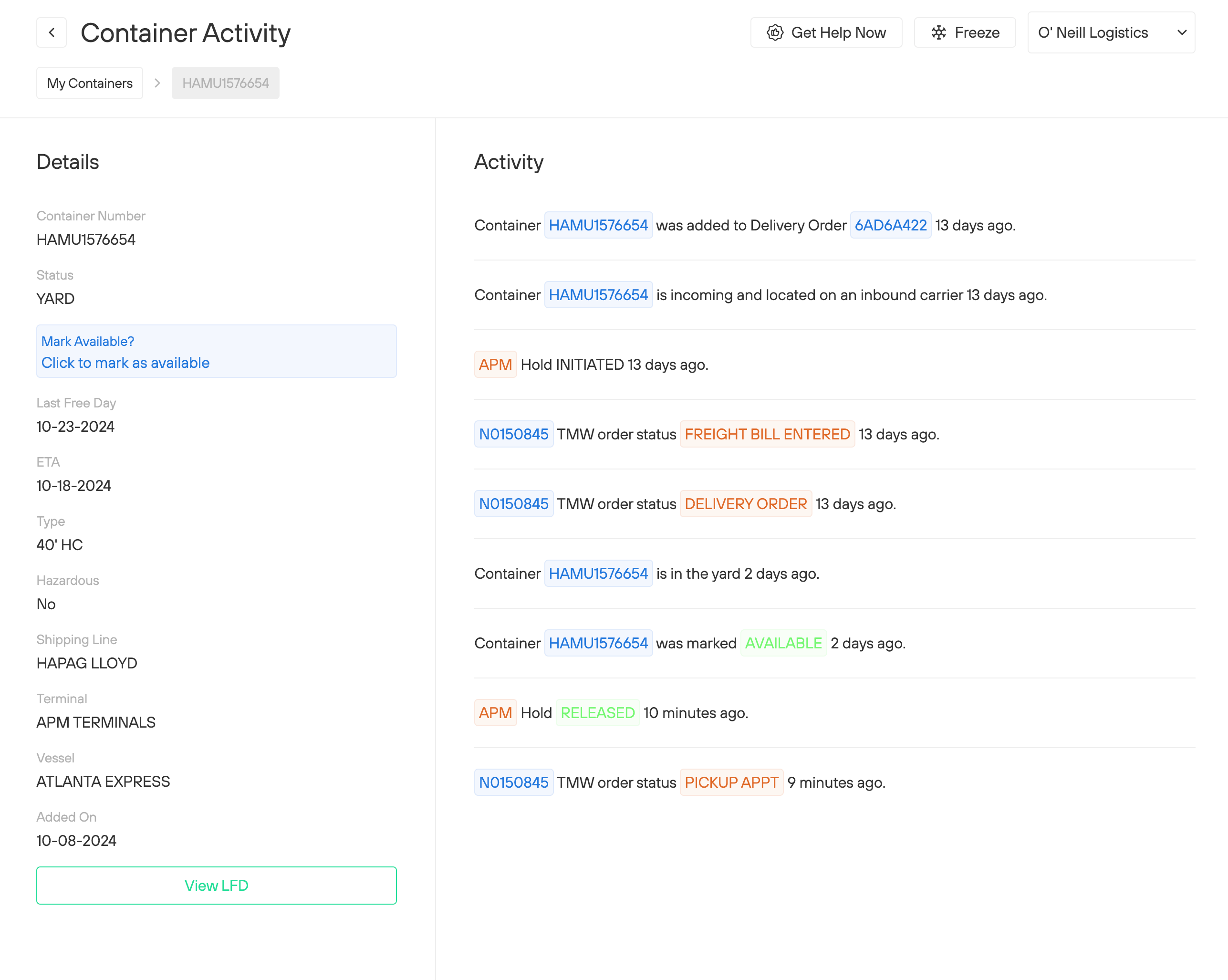 Quantum Container Activity Tracking - Detailed activity timeline and history